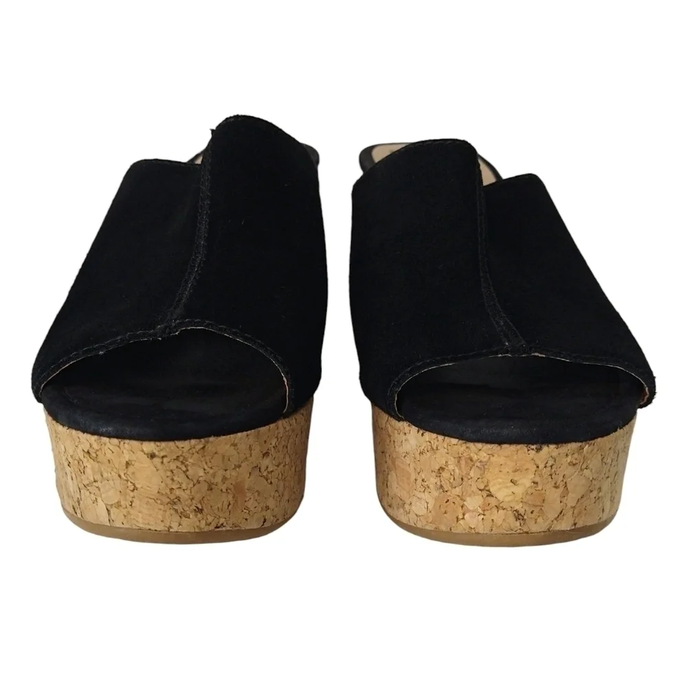 Dolce Vita Black Suede Cork Platform Mules Sandals Peep Toe Slip Ons Modern
